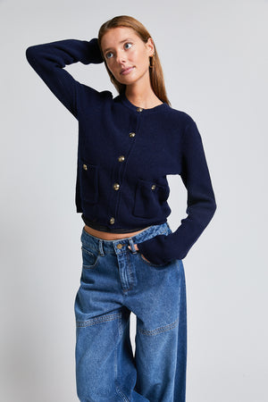 CARDIGAN EN MAILLE TOURS BLEU MARINE